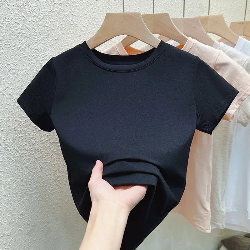 Women T-Shirts Short Sleeved Tees Casual New White Tops Women's Tee Fashion Ladies Cotton Shirts Women Tees Slim Tops 2025