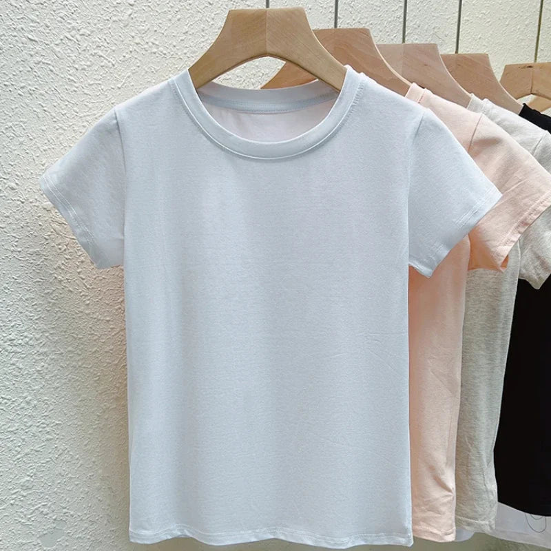 Women T-Shirts Short Sleeved Tees Casual New White Tops Women's Tee Fashion Ladies Cotton Shirts Women Tees Slim Tops 2025