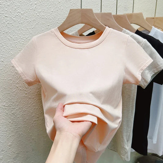 Women T-Shirts Short Sleeved Tees Casual New White Tops Women's Tee Fashion Ladies Cotton Shirts Women Tees Slim Tops 2025