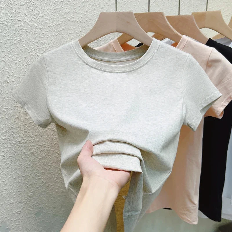 Women T-Shirts Short Sleeved Tees Casual New White Tops Women's Tee Fashion Ladies Cotton Shirts Women Tees Slim Tops 2025